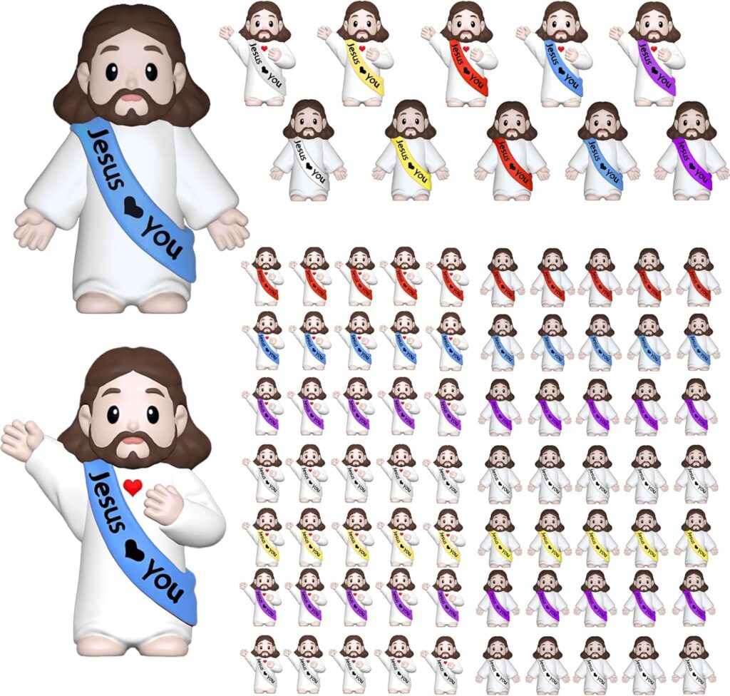 Cartoon Jesus figures wearing sashes in different colors and poses; one large figure with a blue “Jesus loves you” sash, many smaller similar figures with sashes in blue, yellow, red, orange, and purple.