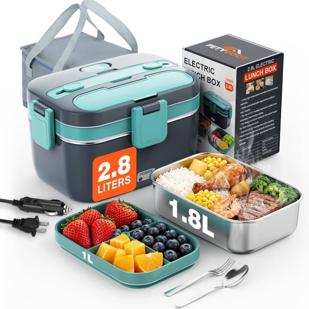 Electric lunch box set with teal accents, labeled 2.8 liters, featuring trays of fruit and a meal, power cords, utensils, a gray carrying bag, and product packaging in the background—perfect for Friday Deals shoppers looking for convenience and style.