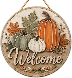 Round wooden sign with “Welcome” text, decorated with three pumpkins, colorful autumn leaves, and small berries, hanging by a rope.