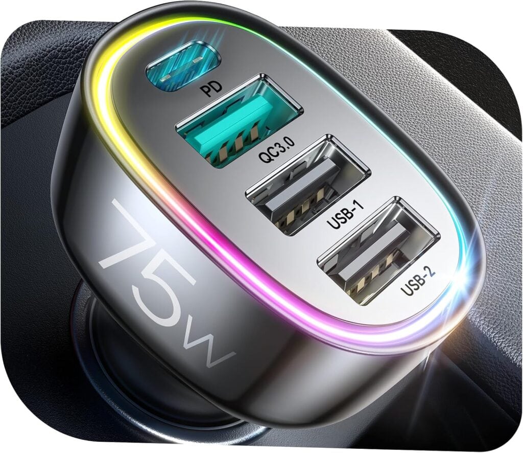Close-up of a metallic 4 Port Car Charger with three USB ports and one USB C Car Charger port labeled PD, QC3.0, USB-1, USB-2, and 75W. A glowing LED ring encircles the device. Now available at 50% off.