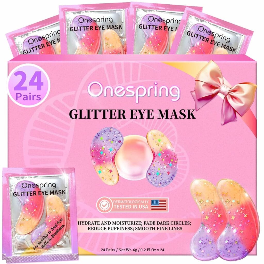 Pink and purple box of Onespring Glitter Eye Mask with 24 pairs displayed. Includes packets and images of sparkly under-eye gel patches. Text highlights hydration, dark circle reduction, and fine line smoothing.
