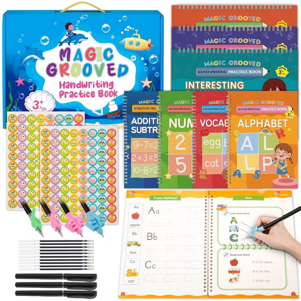 Magic Grooved Handwriting Practice Book kit for kids with colorful books, pens, refills, grip aids, reusable alphabet tracing sheets, math, and vocabulary practice pages—all arranged neatly on a white background. Perfect for little learners and an even better value with our special Friday Deals!.