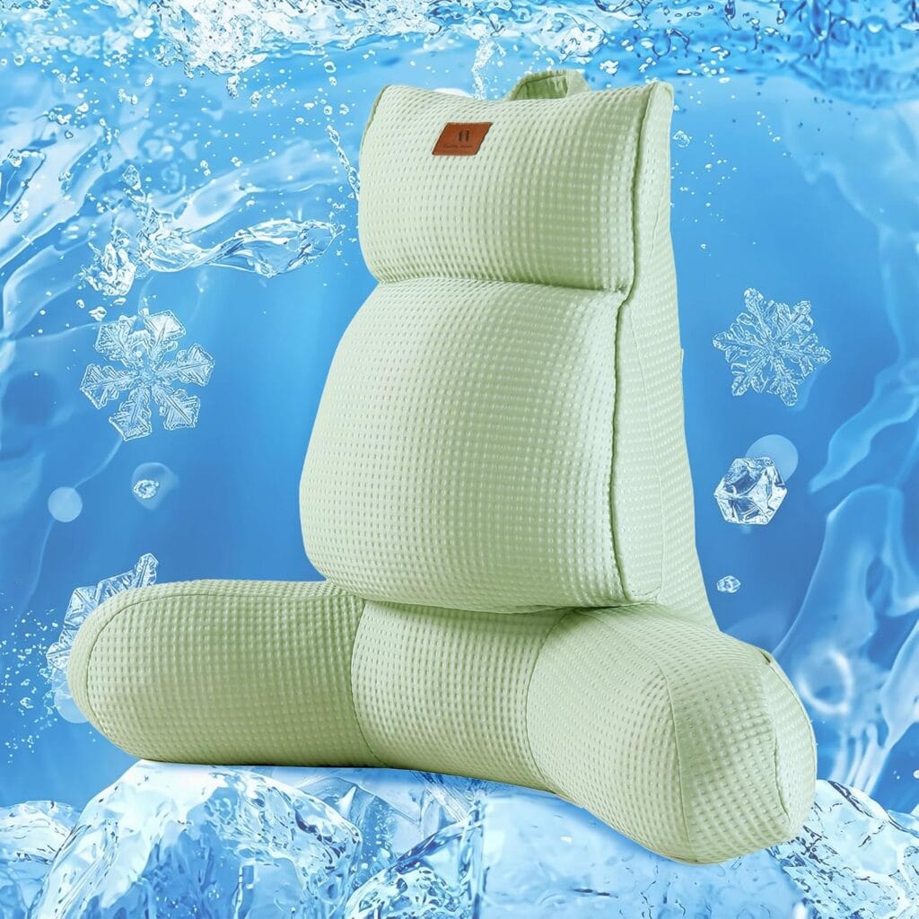 A light green textured backrest pillow with armrests is shown against a blue background with ice cubes, water splashes, and snowflakes, suggesting a cool or refreshing sensation—perfect for relaxing in style during this week’s Friday Deals.