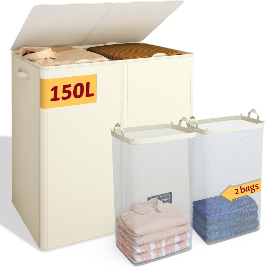 Large beige storage bin labeled "150L" with a lid, containing folded clothes. In front, two white mesh bags hold more folded clothes, labeled "2 bags," one with shirts and one with jeans.