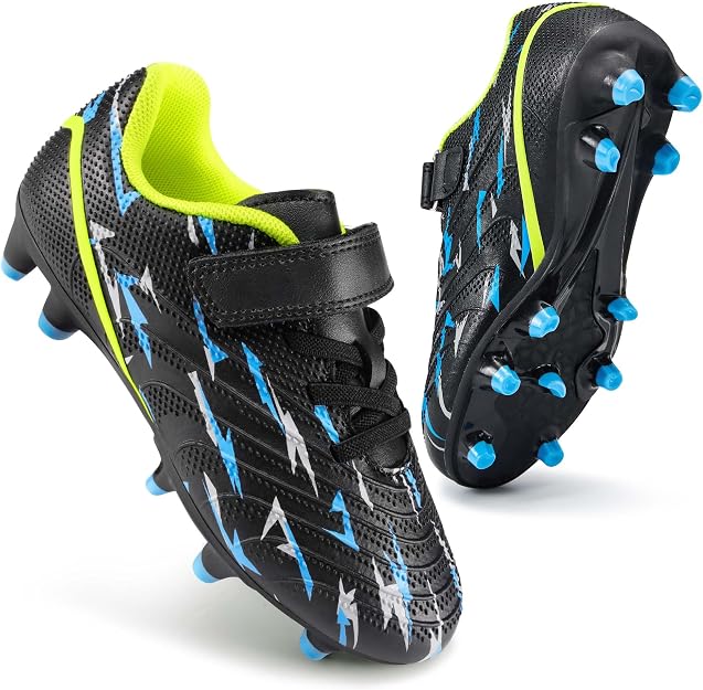 A pair of black soccer cleats with blue and white lightning designs, blue studs, and neon green inner lining. One shoe is upright, while the other shows the sole and stud pattern.