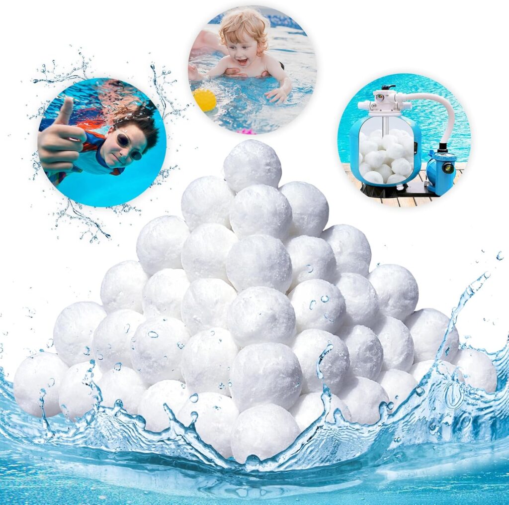 A pile of white filter balls with water splashing around them. Three circular insets above show children swimming in a pool and a pool filter filled with similar white balls.