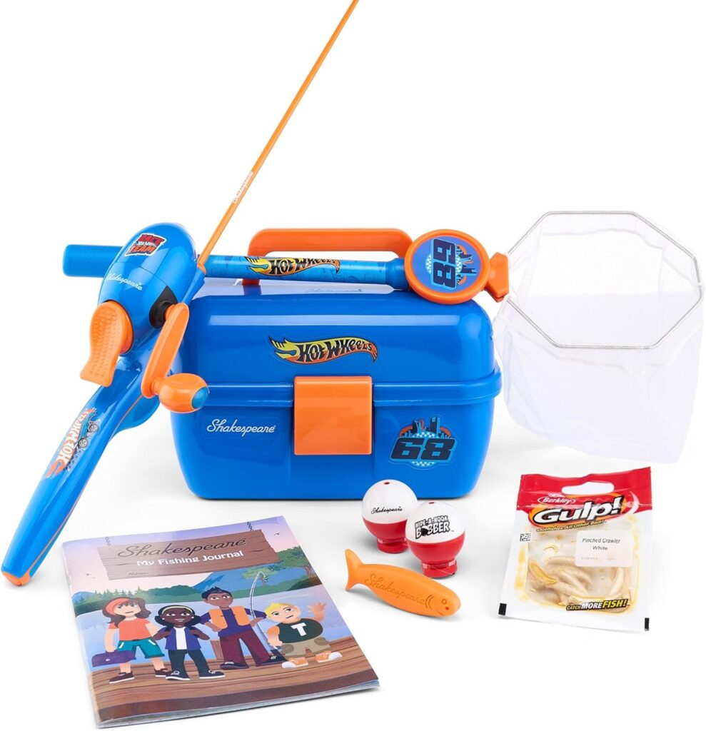 Children’s fishing kit with a blue tackle box, toy fishing rod, net, fake fish, bobber, fake bait, and a "Shakespeare My Fishing Journal" booklet, all arranged on a white background.