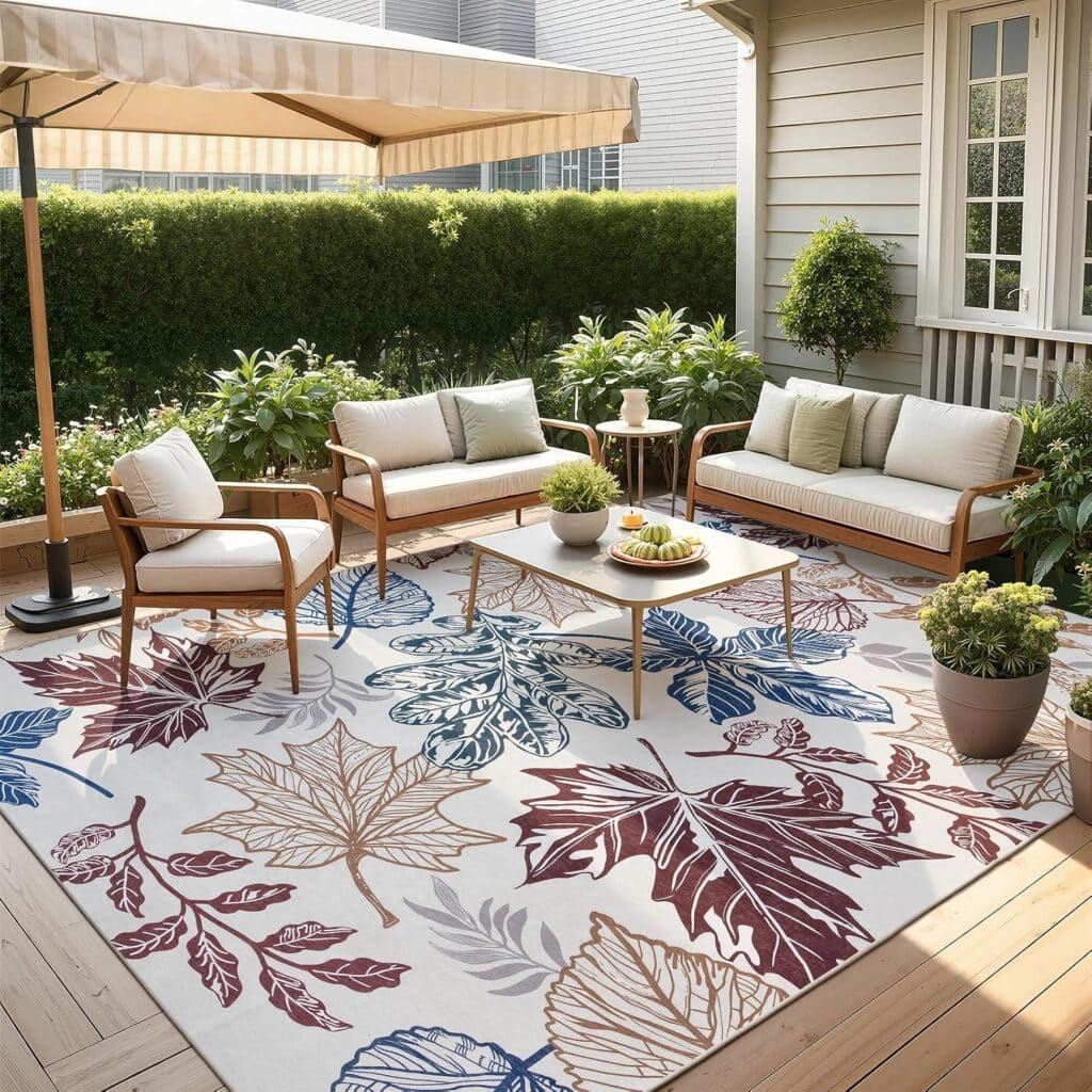 A cozy outdoor patio with chairs, a sofa, and a coffee table on a rug with large, colorful leaf patterns. Potted plants and greenery surround the space, which is shaded by a beige canopy.