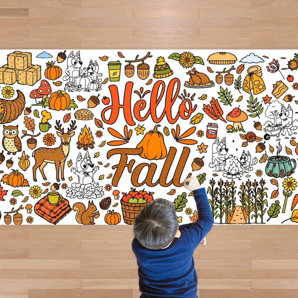 A child points at a colorful “Hello Fall” mural featuring pumpkins, autumn leaves, animals, food, and seasonal decorations on a wooden floor—perfect for adding festive flair to your home just in time for Friday Deals.