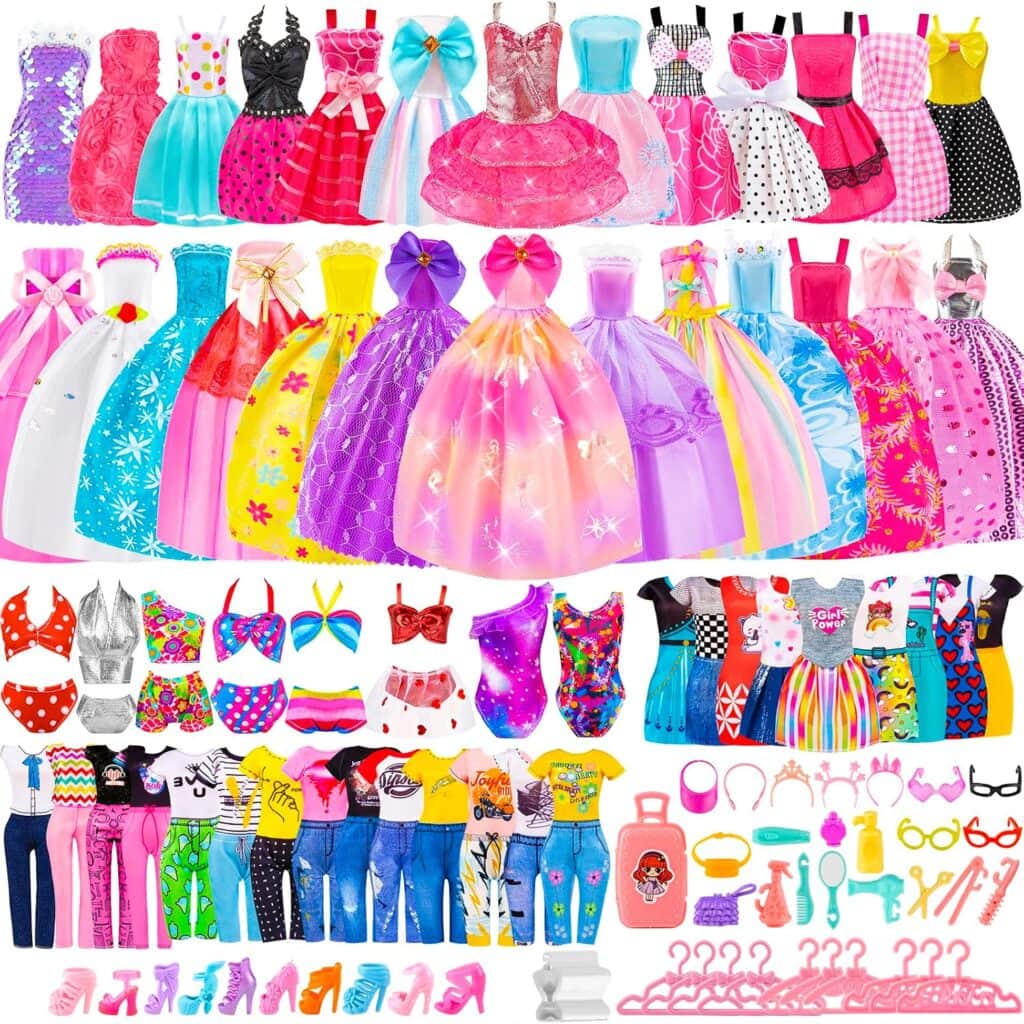 A colorful assortment of doll dresses, casual outfits, shoes, bags, accessories, and hangers arranged in rows—showcasing various styles and patterns for dolls—perfect for adding to your collection or taking advantage of exclusive Monday Deals.