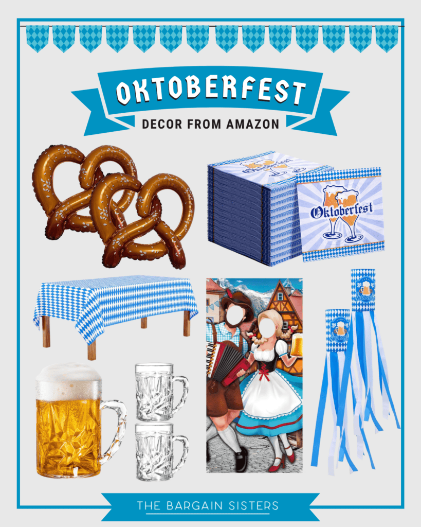 Oktoberfest decor set from Amazon featuring pretzel balloons, themed napkins, a blue checkered tablecloth, beer mugs, a photo prop cutout, and blue and white ribbon decorations—perfect for parties or pairing with back to school backpacks for added fun.