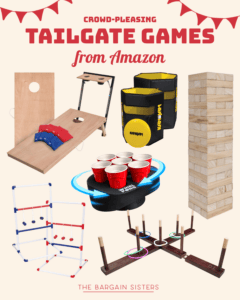 A collage of popular tailgate games from Amazon, plus back to school backpacks in the mix. Features cornhole boards, Kan Jam, giant Jenga, ladder toss, beer pong table, and ring toss. Text reads: "Crowd-pleasing tailgate games from Amazon.