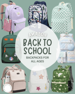 A collage of eight colorful back to school backpacks, featuring dinosaurs, plaid, solid green, and pastel designs, surrounds a text circle that reads: "Amazon Back to School Backpacks for All Ages.