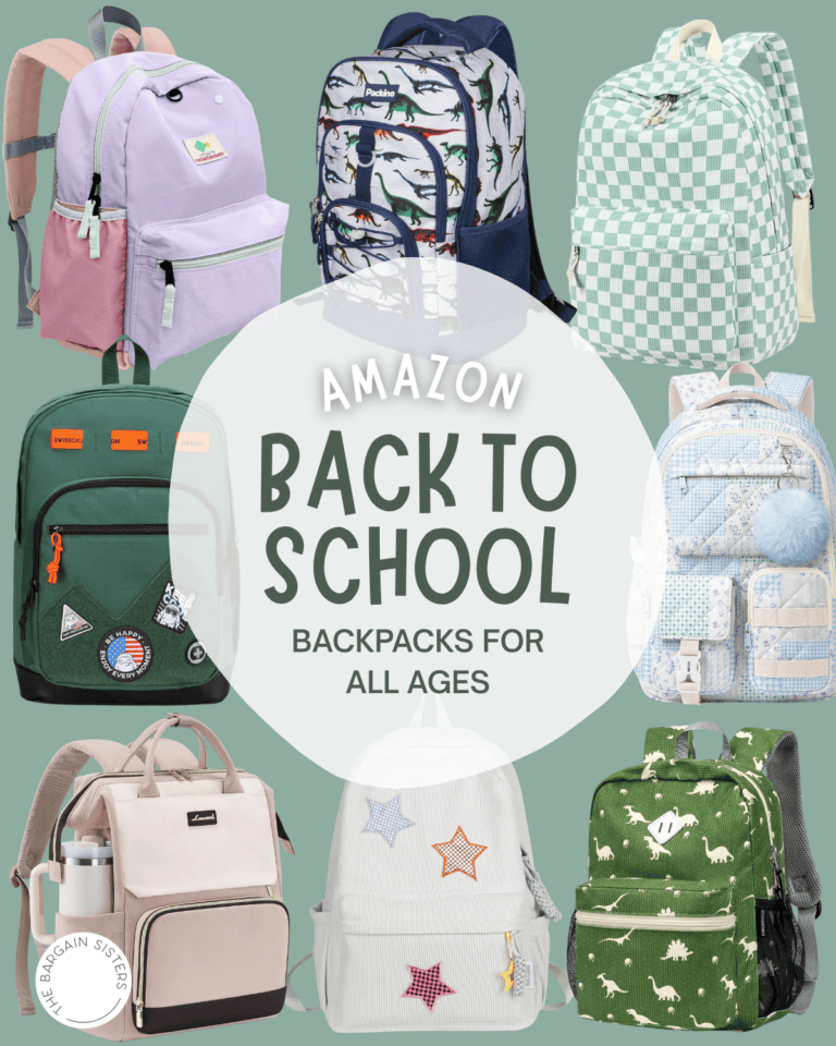 A collage of eight colorful back to school backpacks, featuring dinosaurs, plaid, solid green, and pastel designs, surrounds a text circle that reads: "Amazon Back to School Backpacks for All Ages.
