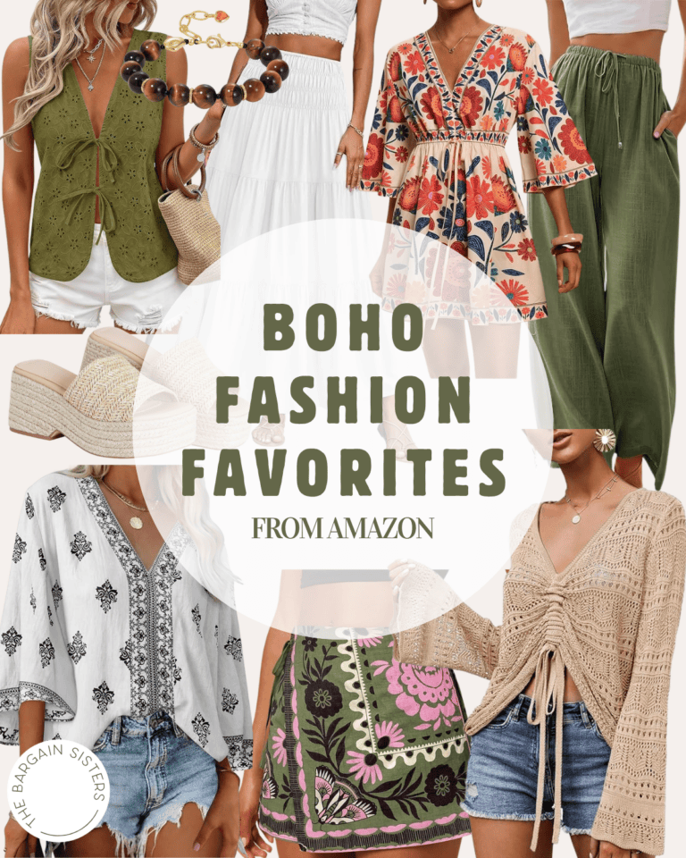 A collage of women modeling boho fashion outfits, including embroidered tops, flowy skirts, crochet blouses, green pants, straw hats, and stylish back to school backpacks. Text overlay reads: "BOHO FASHION FAVORITES FROM AMAZON.
