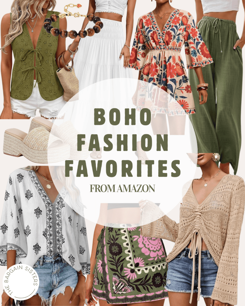 A collage of women modeling boho fashion outfits, including embroidered tops, flowy skirts, crochet blouses, green pants, straw hats, and stylish back to school backpacks. Text overlay reads: "BOHO FASHION FAVORITES FROM AMAZON.