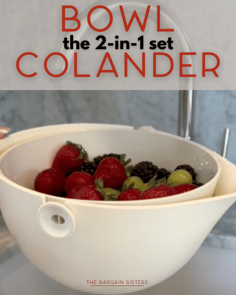 A white Bowl and Colander Set holds strawberries, grapes, and blackberries under a kitchen faucet. Text over the image describes the product.