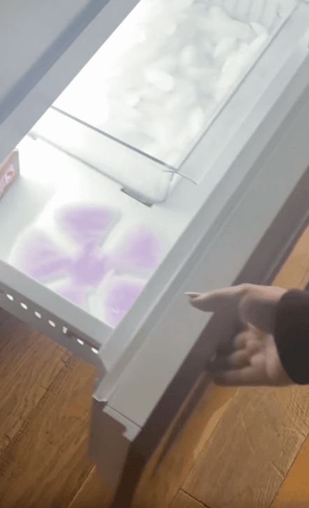 A person opens a white freezer drawer containing a tray of ice cubes, a box on the left, four purple-stained ice cubes on the bottom shelf, and a cooling hat insert to help keep you cool. The floor is wooden.