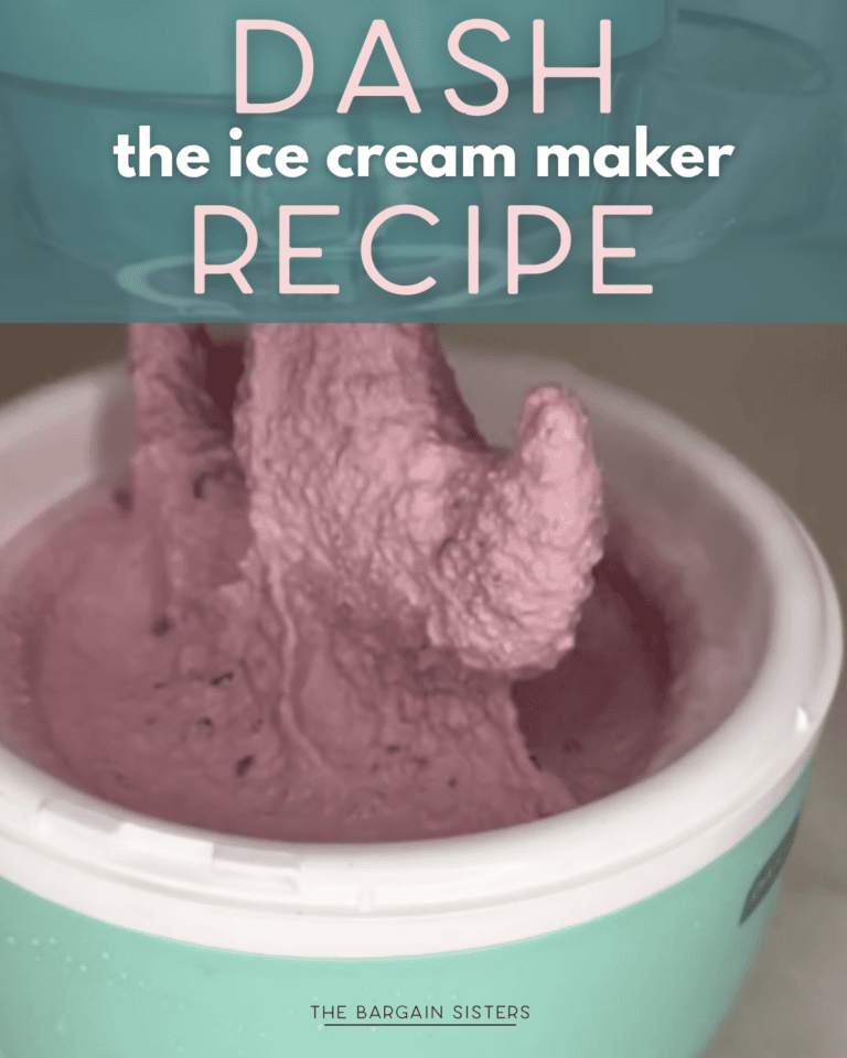 A teal ice cream maker mixing pink ice cream, with text reading “DASH Ice Cream Maker Recipe” at the top and “The Bargain Sisters” at the bottom.