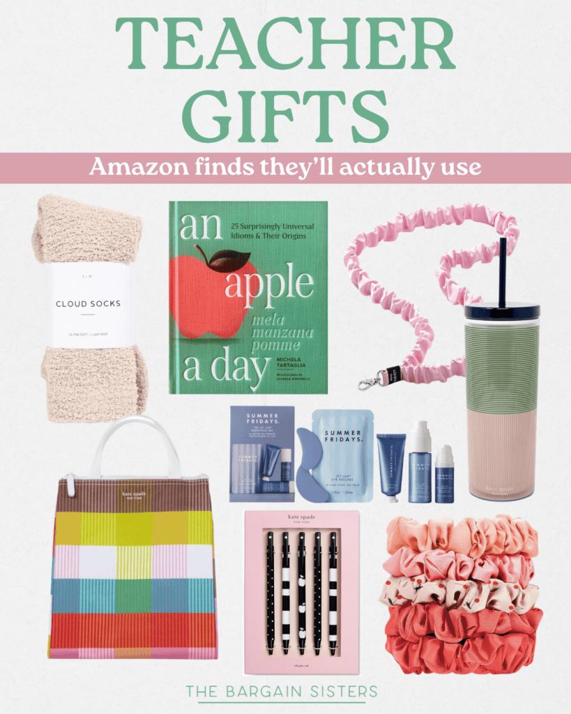 A collage of teacher gift ideas from Amazon: cozy socks, a book titled "An Apple a Day," back to school backpacks, a pink lanyard, a striped tumbler, a colorful gift bag, skincare products, pens, and pastel scrunchies.