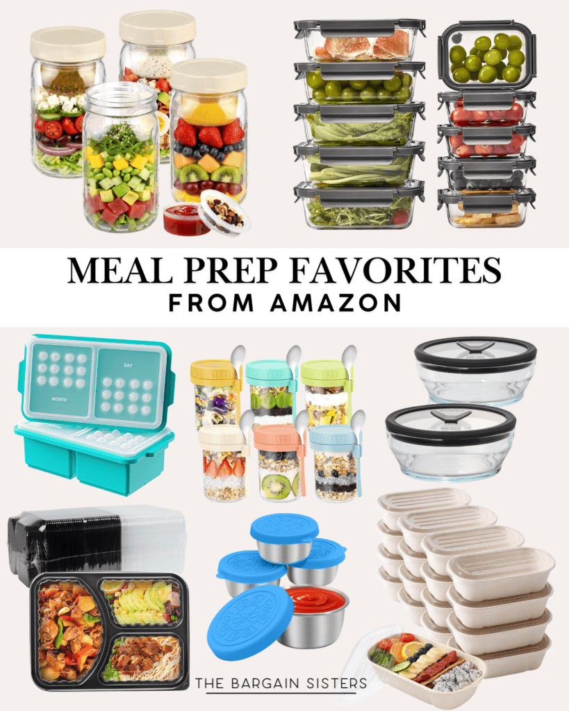 A collage of various meal prep containers—glass jars, stackable boxes, divided trays, and colorful cups—perfect for busy days or slipping into back to school backpacks. Text: "Meal Prep Favorites from Amazon.