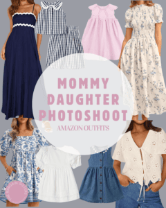 A collage of coordinated mommy and daughter outfits, including dresses, tops, and denim, paired with back to school backpacks. Text in the center reads, "Mommy Daughter Photoshoot Amazon Outfits.