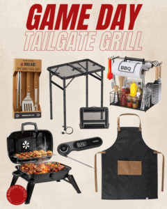 A collage of tailgate grilling essentials, plus back to school backpacks, featuring a BBQ tool set, folding grill, condiment caddy, thermometer, grilling apron, grill basket, and tabletop BBQ grill with burgers under a “Game Day Tailgate Grill” headline.
