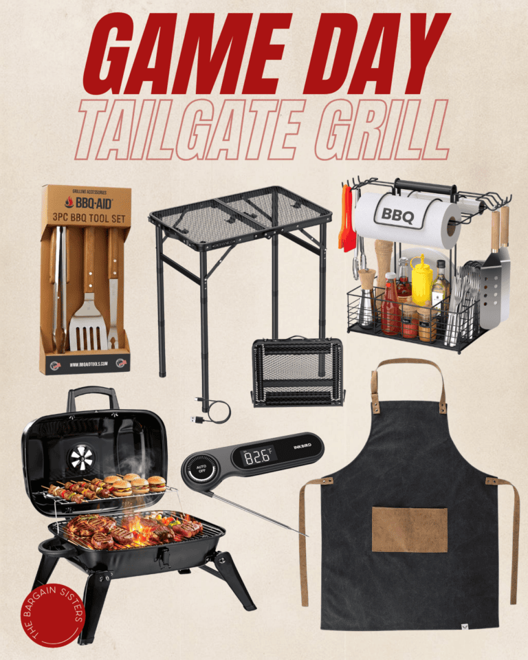 A collage of tailgate grilling essentials, plus back to school backpacks, featuring a BBQ tool set, folding grill, condiment caddy, thermometer, grilling apron, grill basket, and tabletop BBQ grill with burgers under a “Game Day Tailgate Grill” headline.