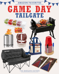 A collage of game day tailgate essentials, including a food storage tray, portable grill with chicken, fire pit, football, cooler bag, folding couch, red cups with cutlery, bean bag toss game, and back to school backpacks. Text reads "Game Day Tailgate".
