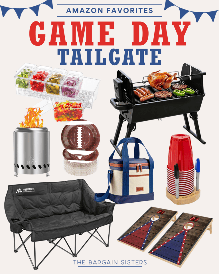 A collage of game day tailgate essentials, including a food storage tray, portable grill with chicken, fire pit, football, cooler bag, folding couch, red cups with cutlery, bean bag toss game, and back to school backpacks. Text reads "Game Day Tailgate".