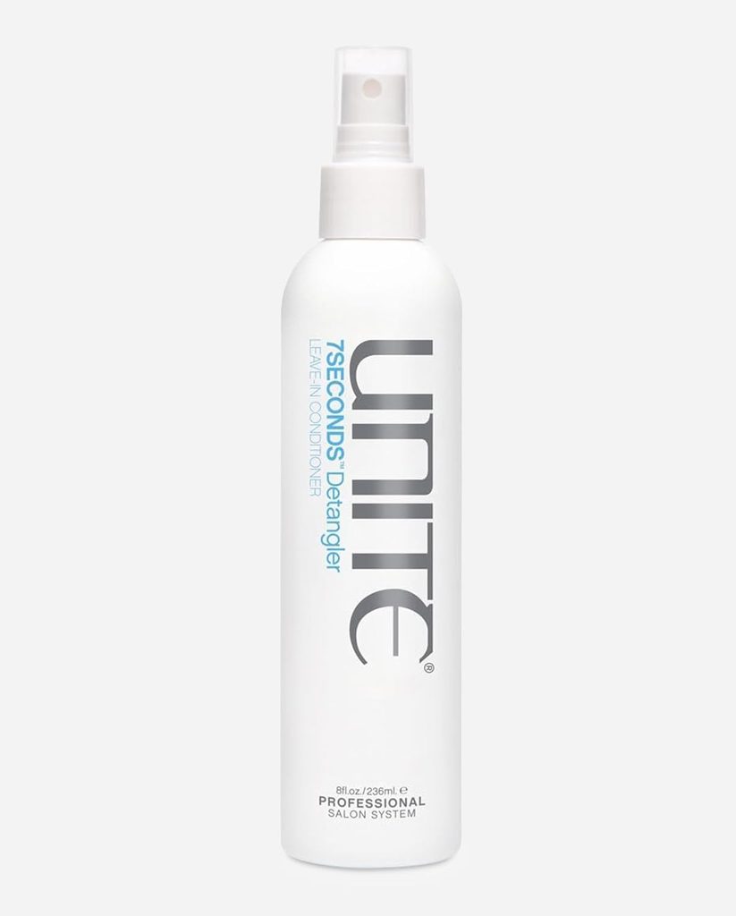 White bottle of UNITE 7SECONDS Detangler Leave-In Conditioner with a spray nozzle, 8 fl oz size, against a plain light background.