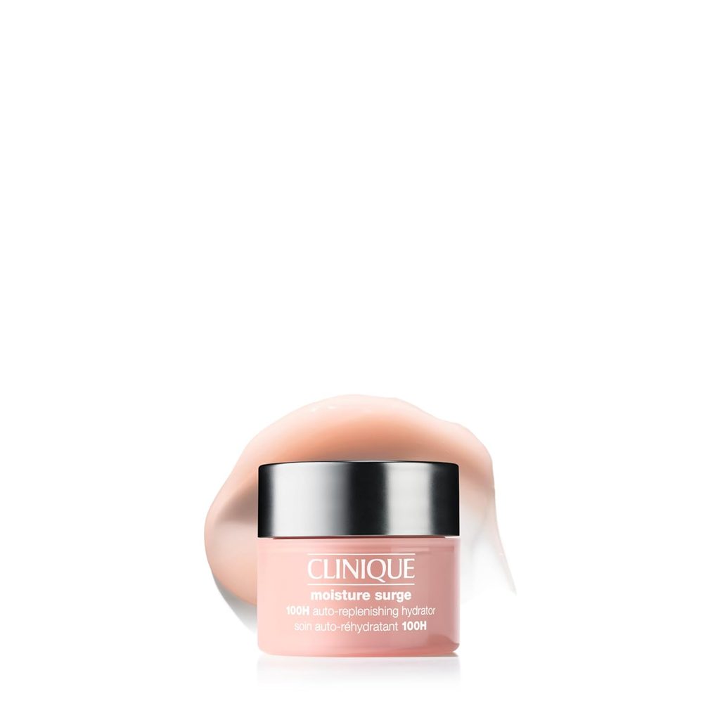 A pink jar of Clinique Moisture Surge 100H Auto-Replenishing Hydrator with the cream shown behind the container on a white background.