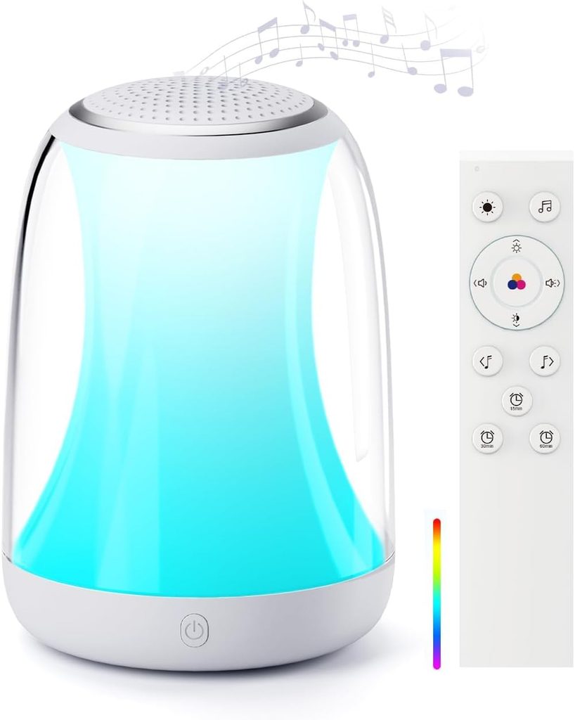 A color-changing night light with a speaker and remote control. Musical notes above the light indicate it can play music. The remote has various buttons for light, sound, and color selection.