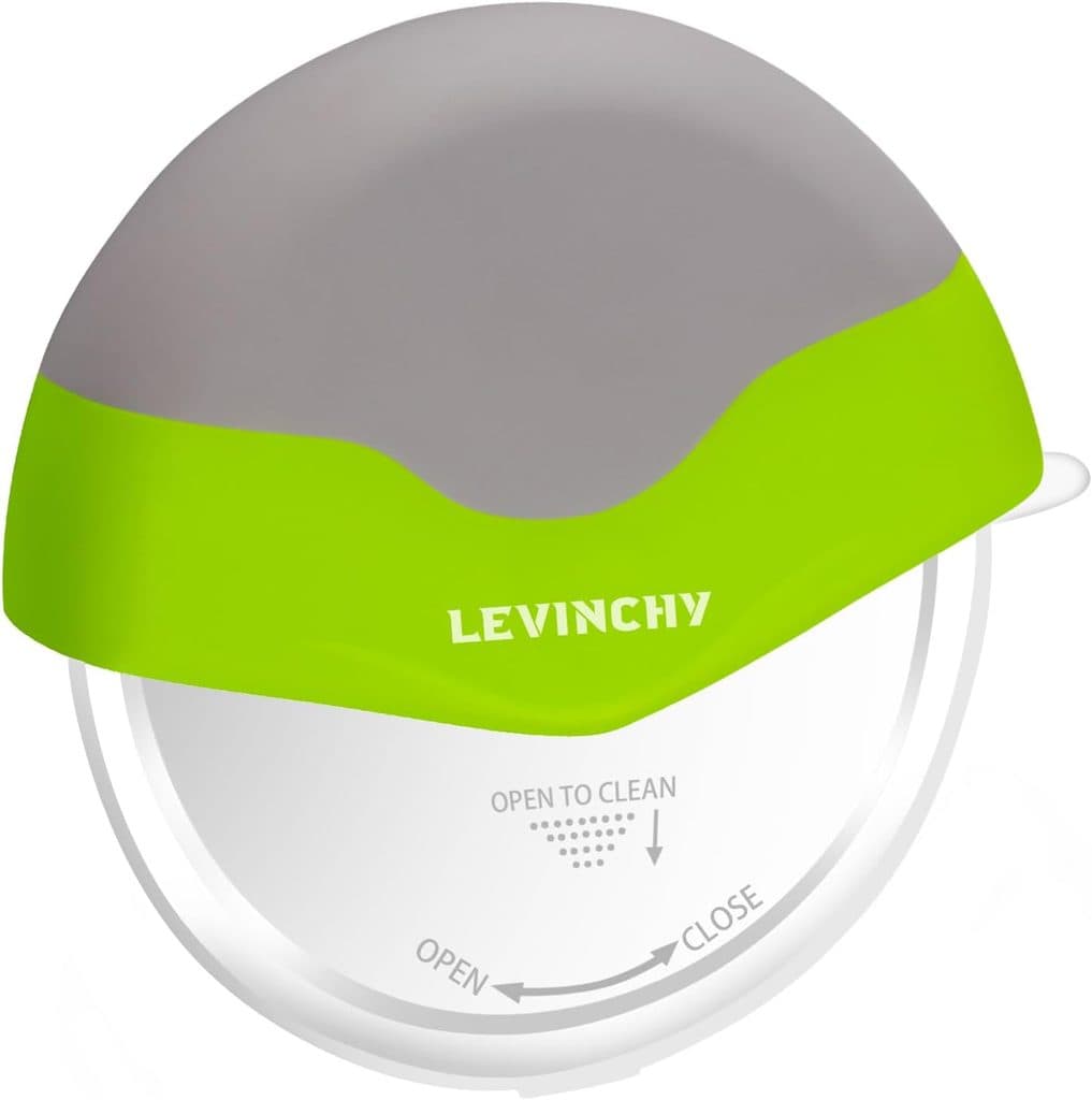 A round, two-toned gray and green plastic container labeled “LEVINCHY” with an open/close dial and “open to clean” label on its transparent section—perfect for organizing essentials and now featured in our Thursday Deals.