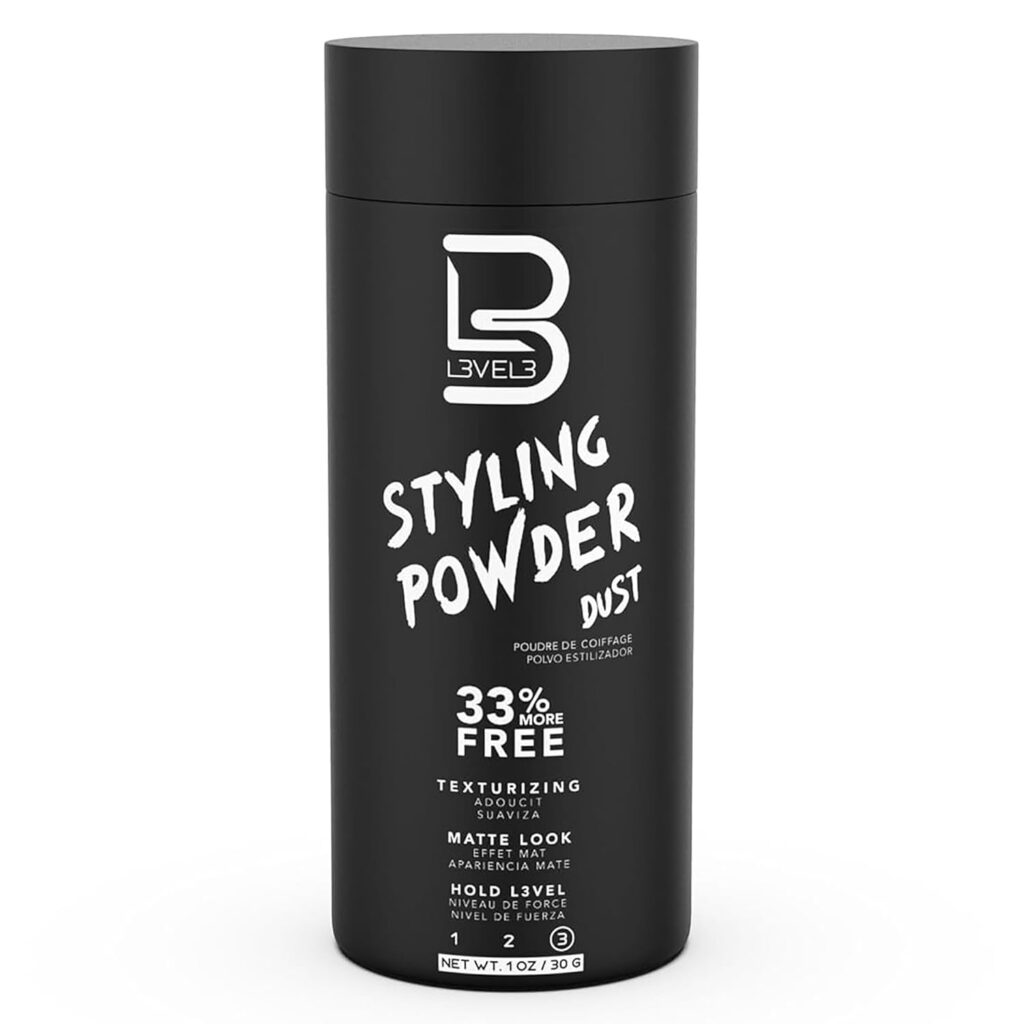 A black container of Level 3 Styling Powder Dust with white text showing product details, including 33% more free, matte look, texturizing, and net weight of 1.1 oz (30g).