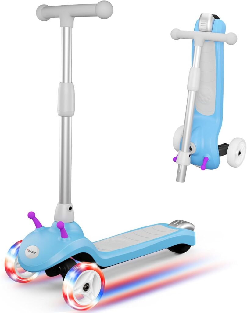 A blue and gray kids’ scooter with three wheels, LED lights on the front wheels, and a foldable design. Shown both upright and folded for storage, this electric scooter is perfect for kids seeking fun and convenience.