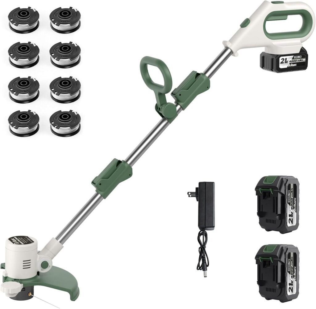 Cordless electric string trimmer kit with adjustable handle, 21V battery, 10 replacement spool lines, two batteries, and a charger displayed on a white background.