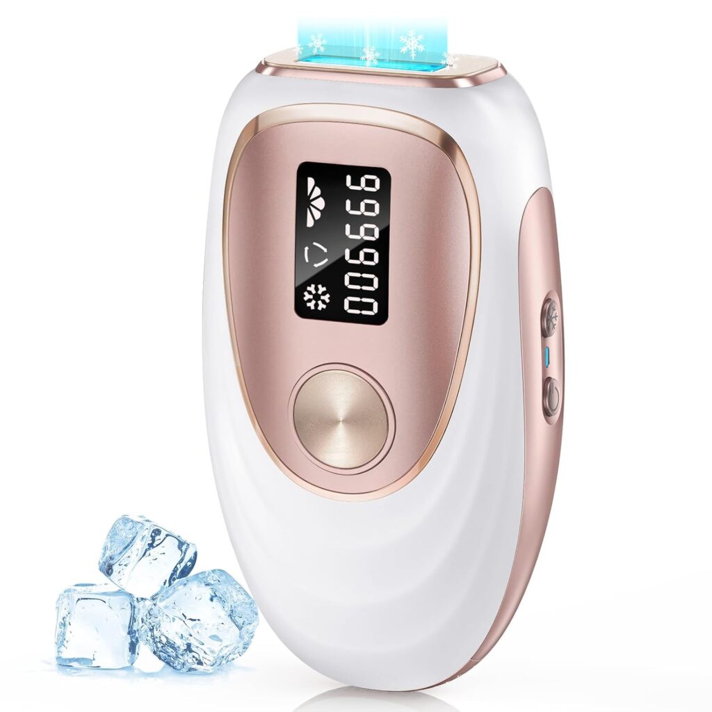 A handheld white and rose gold IPL hair removal device with a digital display, shown next to three ice cubes. Blue light is glowing from the top of the device.
