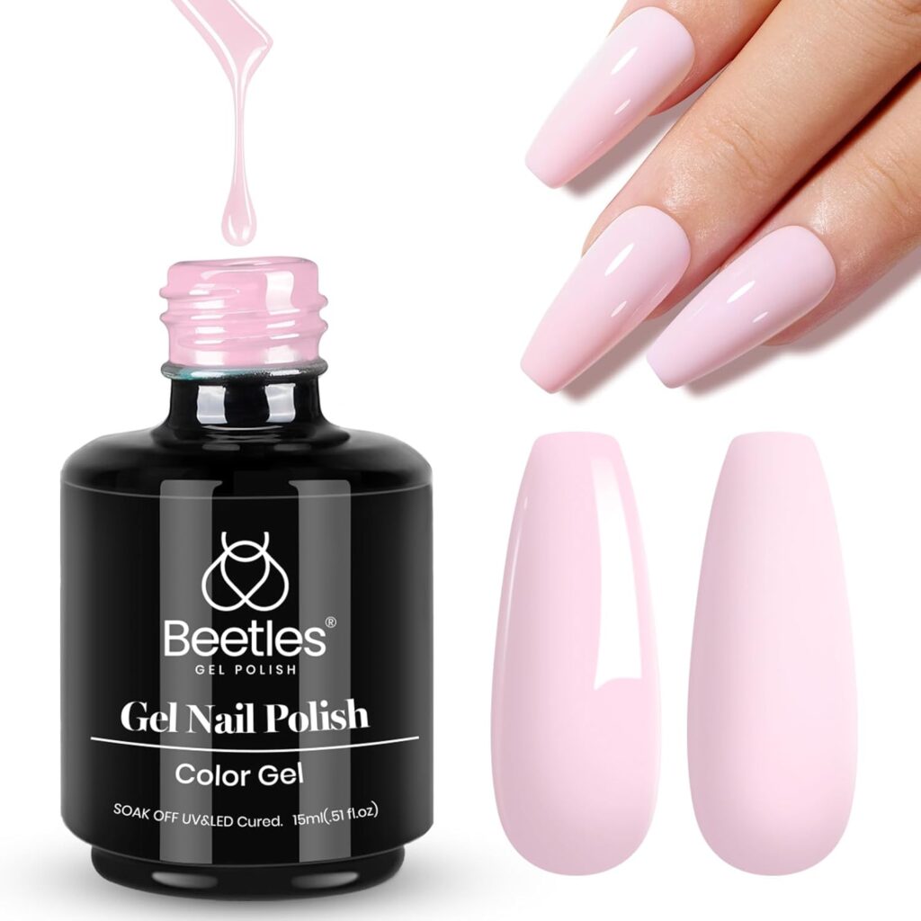 A bottle of Beetles Gel Nail Polish with light pink polish, a brush, two nail samples, and a hand with long, glossy pink nails.