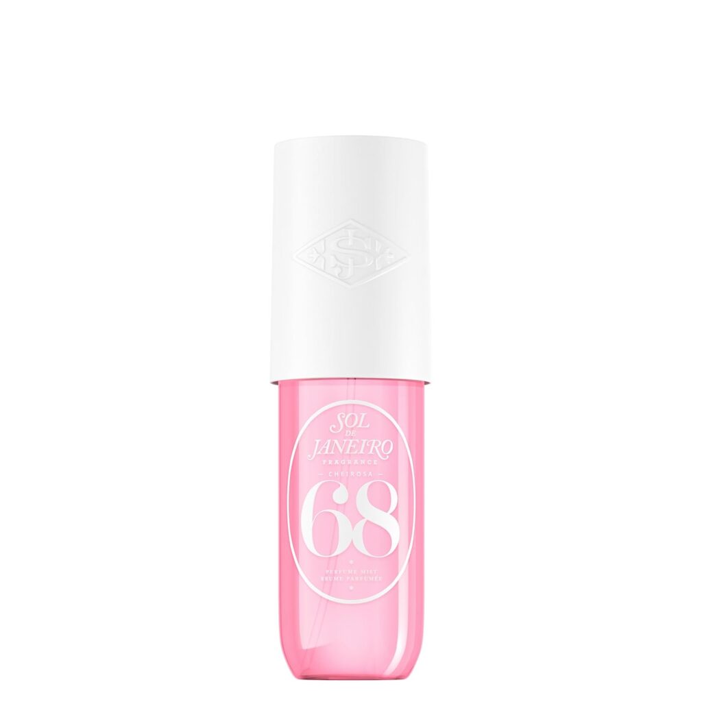 A pink translucent bottle labeled “Sol de Janeiro 68” with a white cap is displayed on a white background, perfect for adding to your cart during Monday Deals.
