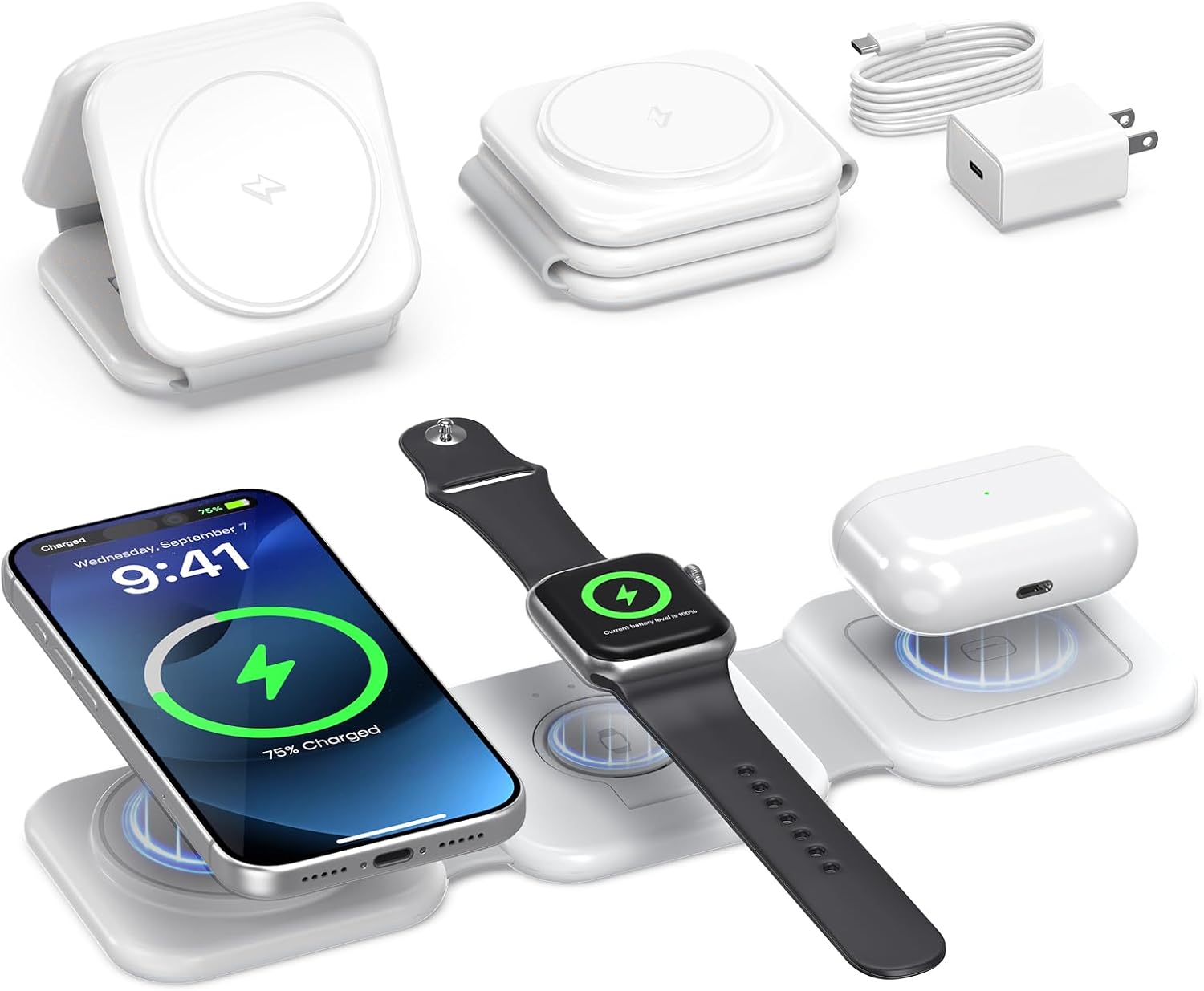 A white 3-in-1 wireless charging station designed for Apple Multi Device users, featuring iPhone, Apple Watch, and AirPods charging. Shown with cable, power adapter, and a convenient foldable setup—perfect as a Foldable Travel Wireless Charger.