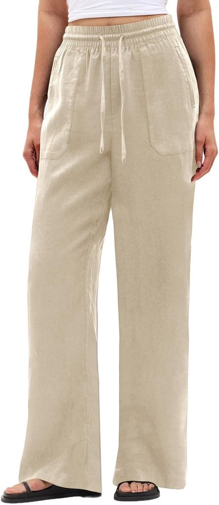 A person wears light beige, wide-leg linen pants with an elastic waistband and drawstring, paired with black sandals and a white cropped top. The image shows only the lower half of their body, offering a stylish look perfect for taking advantage of Wednesday Deals.