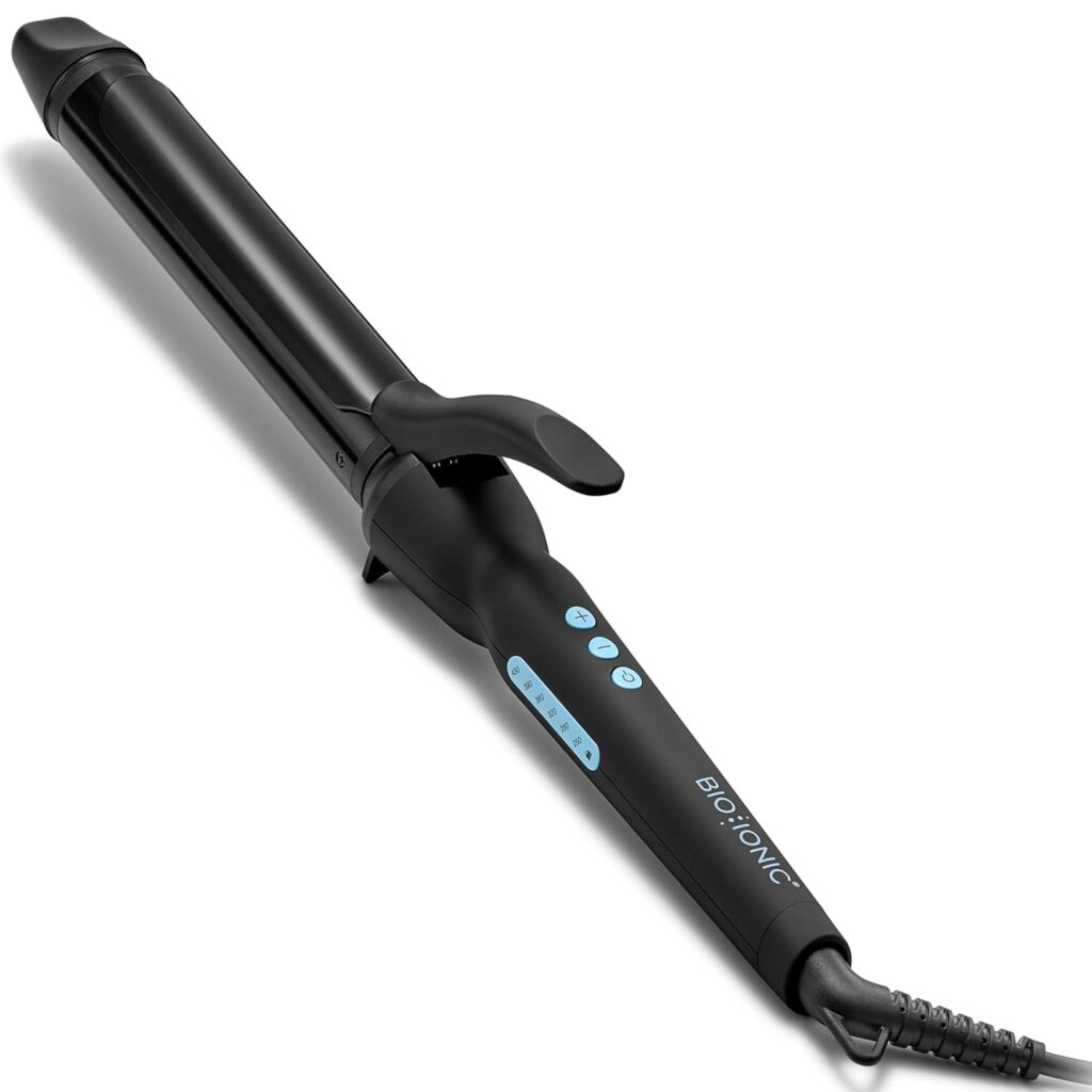 Black curling iron with a clamp, digital controls with blue buttons, and a swivel cord. The barrel is smooth and cylindrical, and the brand name “Bio Ionic” is printed on the handle.