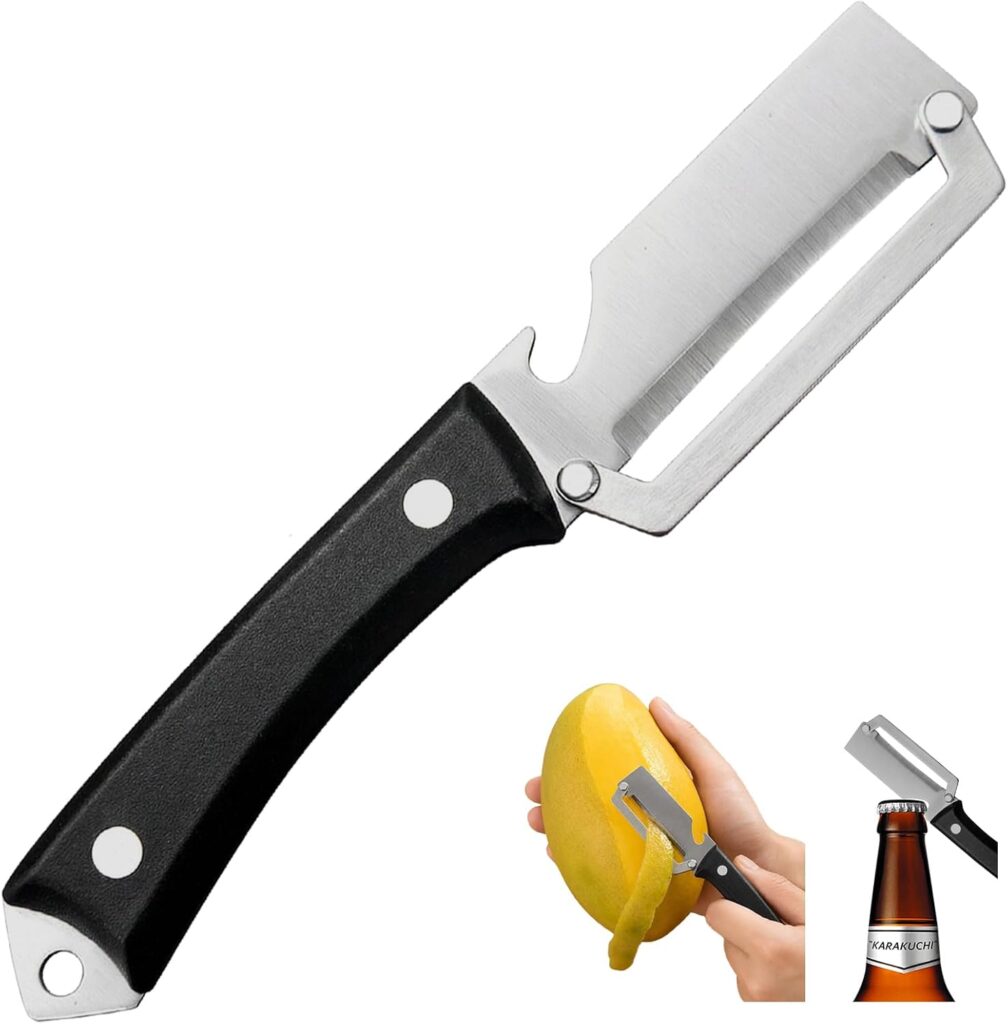 A folding knife with a straight blade, black handle, and peeler edge. Inset images show it peeling a mango and opening a bottle cap.