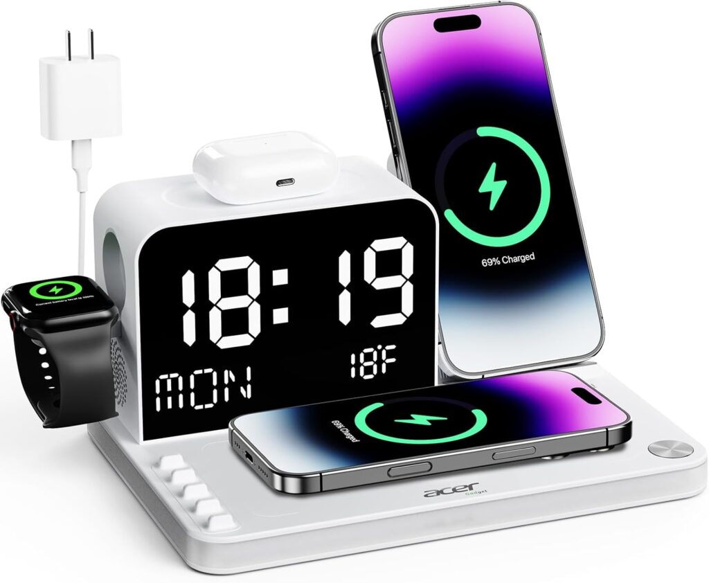 White digital clock with large LED display showing time, temperature, and day, doubling as a wireless charging station for a smartwatch, earbuds, and two smartphones; wall charger included.