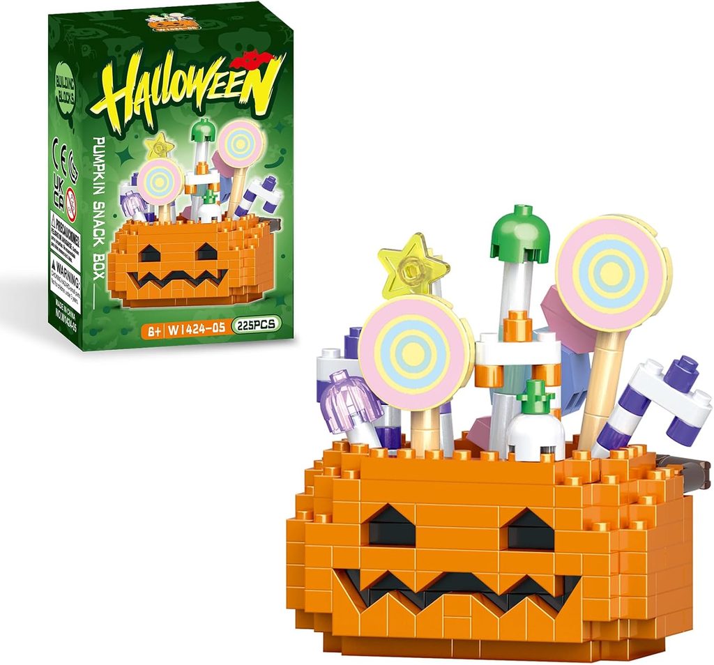 A Halloween-themed building set featuring a pumpkin snack box with a smiling jack-o’-lantern face and colorful lollipops, shown assembled next to its packaging—perfect for adding some spooky fun to your Thursday Deals.