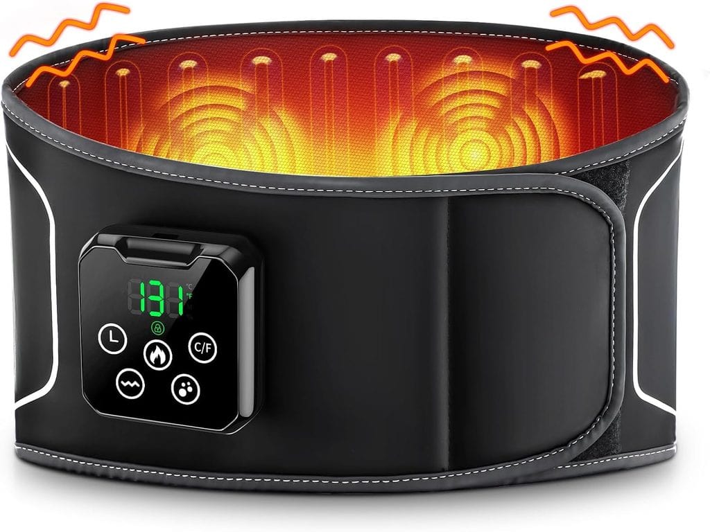 Black heating pad belt with a digital control panel displays 131°F, orange glowing heat inside, and wavy lines above indicating warmth. It has a Velcro strap for securing around the waist.