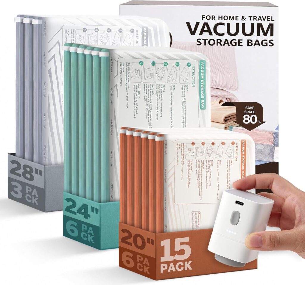 Three sets of Vacuum Storage Bags in 28″, 24″, and 20″ sizes are shown, along with a white hand pump. The product box in the background reads “Vacuum Storage Bags” and displays folded linens—perfect for organizing your closet or using as reliable Vacuum Bags for Travel.