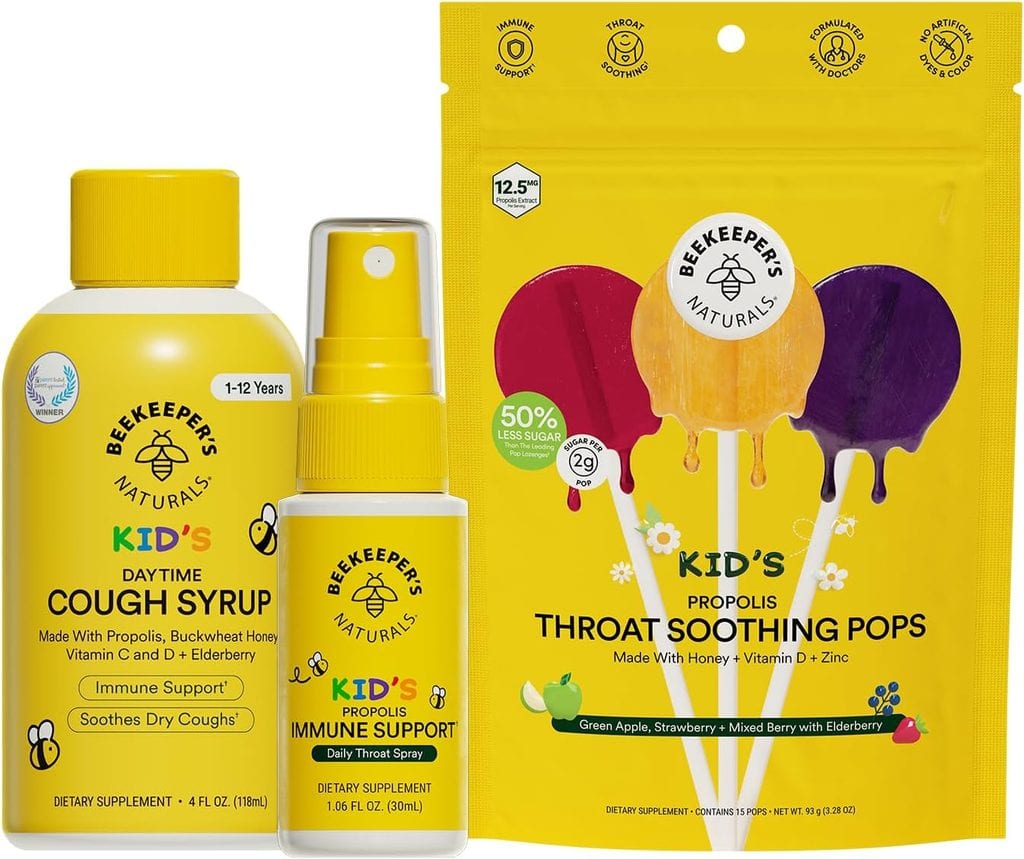 Discover Thursday Deals on Beekeeper’s Naturals kid’s favorites: cough syrup, throat spray, and throat soothing pops. Each product features cheerful yellow packaging with bee-themed designs and highlights wholesome ingredients like honey, elderberry, and propolis.