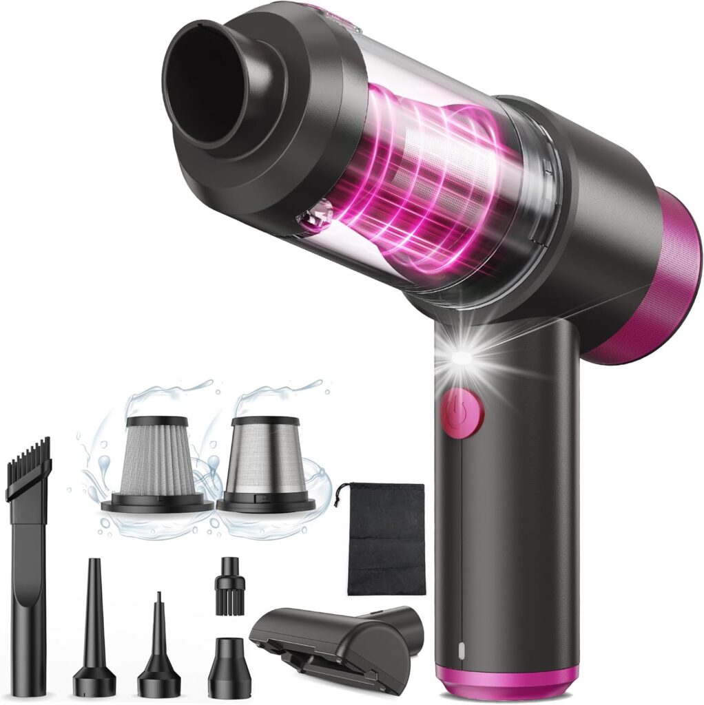 A handheld cordless vacuum cleaner with a transparent pink dust chamber, several nozzles, two filters, a small brush, and a black storage bag laid out on a white background.